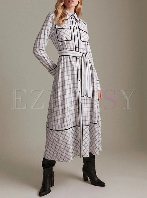 Turn Down Collar Belted Plaid Long Dress