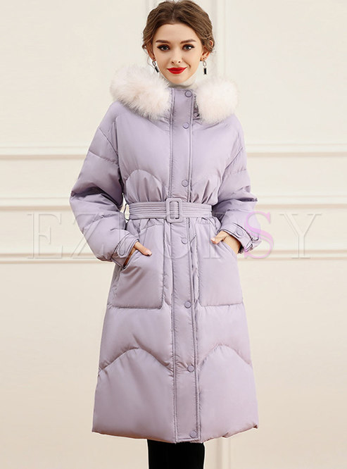 Outwear | Down Coats | Hooded Belted Knee-length Down Coat