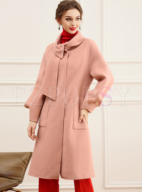 Scarf Collar Asymmetric Long Wool Overcoat