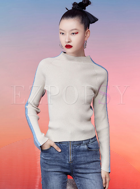 Color-blocked Long Sleeve Pullover Ribbed Sweater