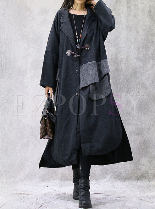 Color-blocked Plus Size Straight Patchwork Overcoat