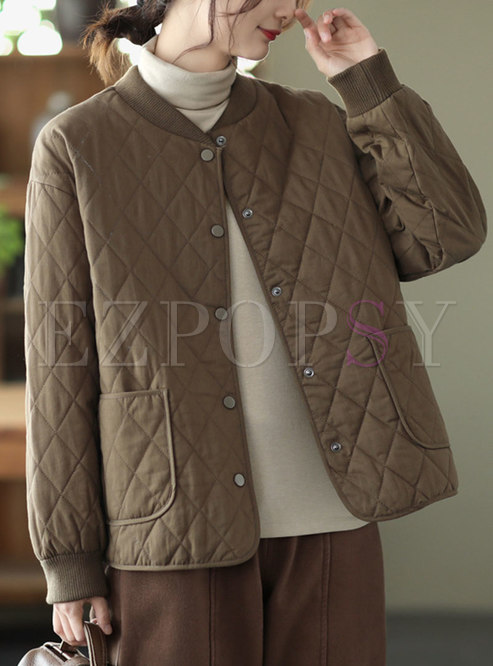 Crew Neck Single-breasted Loose Quilted Coat