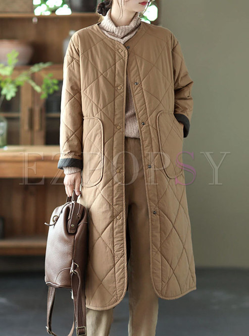 Crew Neck Single-breasted Long Straight Quilted Coat