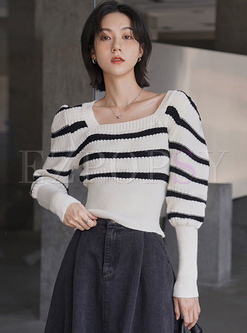 Square Neck Puff Sleeve Pullover Striped Sweater