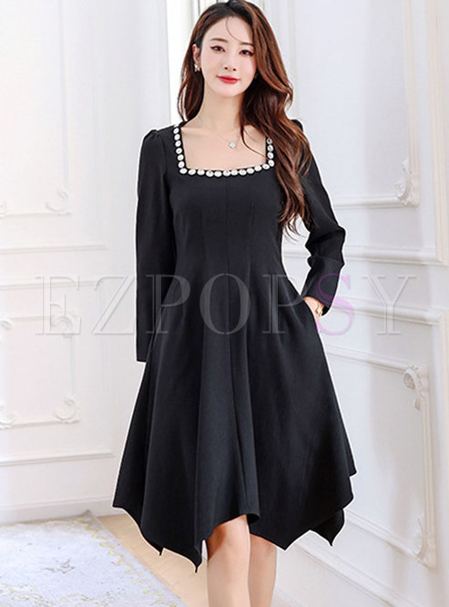 Plus Size Square Neck Long Sleeve Little Black Dress