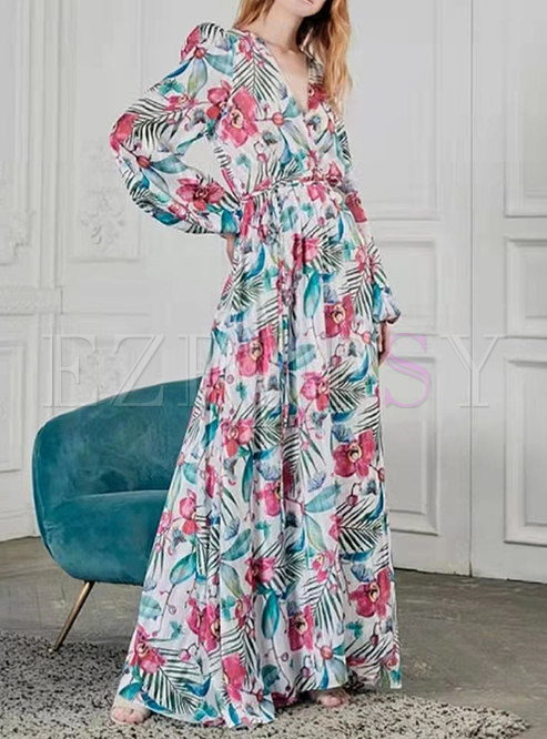 V-neck Belted Floral Long Dress
