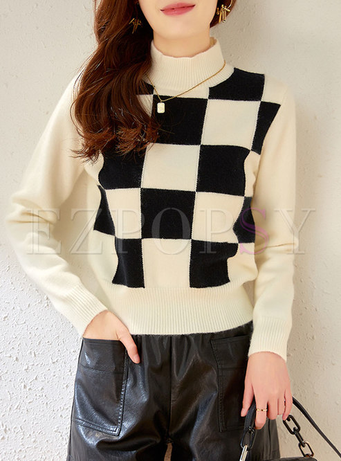 Turtleneck Plaid Pullover Slim Sweater