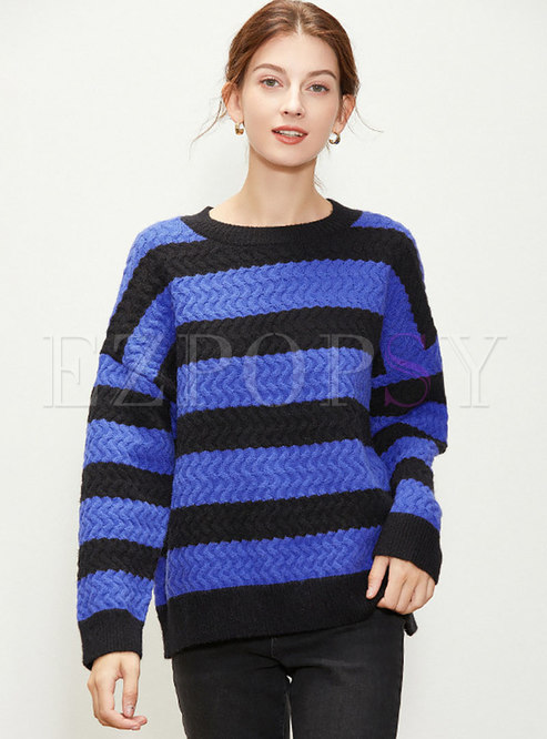 Crew Neck Long Sleeve Pullover Striped Sweater