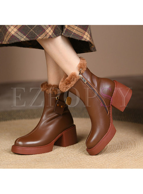  Rounded Toe Short Plush Lined Chunky Heel Ankle Boots