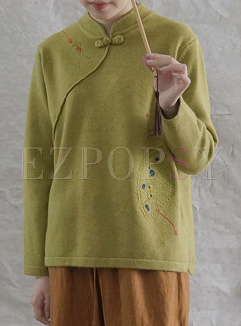 Mandarin Collar Embroidered Pullover Sweater
