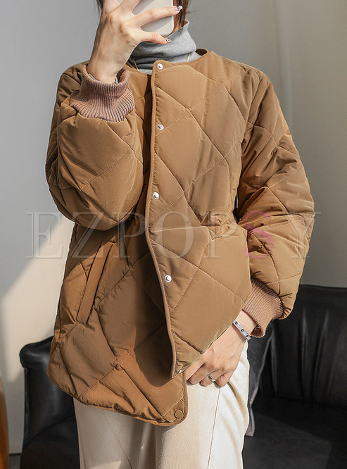 Crew Neck Single-breasted Straight Quilted Coat