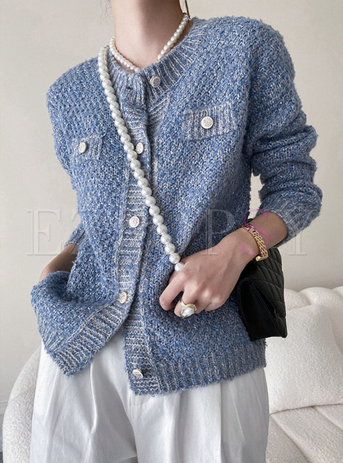 Crew Neck Single-breasted Mohair Sweater Cardigan