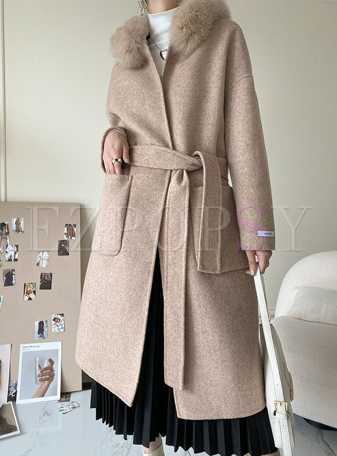 Fox Fur Hooded Straight Long Wool Overcoat