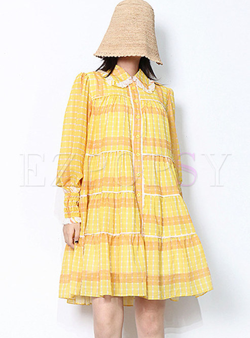 Lace Patchwork Long Sleeve Striped Shift Dress