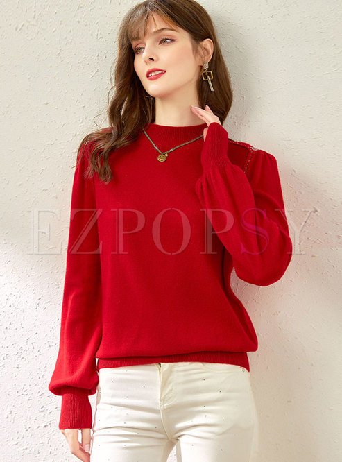 Mock Neck Beaded Soft Pullover Wool Sweater