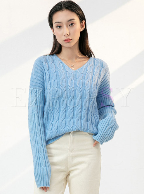 V-neck Long Sleeve Ribbed Cable-knit Sweater