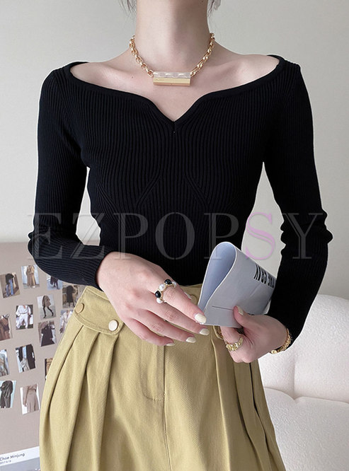 Off-the-shoulder Pullover Ribbed Knit Top