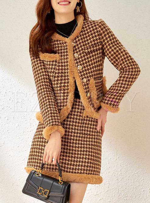 Rabbit Hair Patchwork Houndstooth Mini Skirt Suits