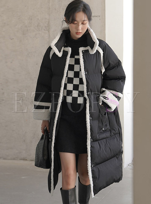 Mock Neck Patchwork Straight Long Cotton-padded Coat