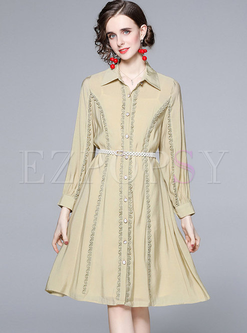 Sweet Long Sleeve Belted Single-breasted Shirt Dress