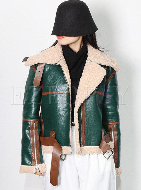 Lambswool Patchwork Leather Short Straight Jacket