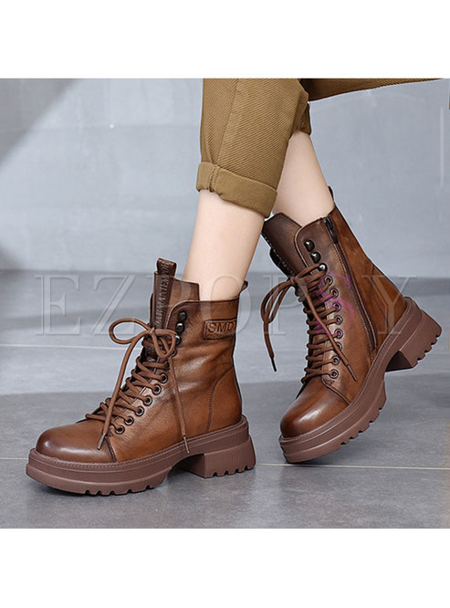 Rounded Toe Lace-up Black Heel Winter Short Boots