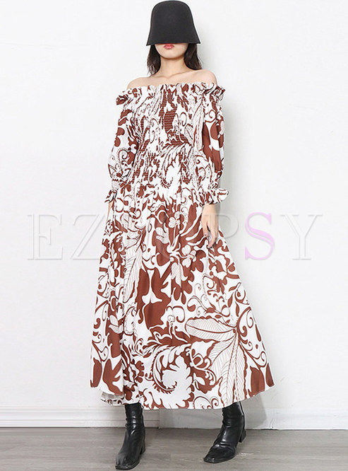 Off-the-shoulder Long Sleeve Print Boho Maxi Dress