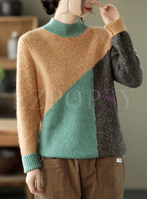 Color-blocked Pullover Cable-knit Loose Sweater