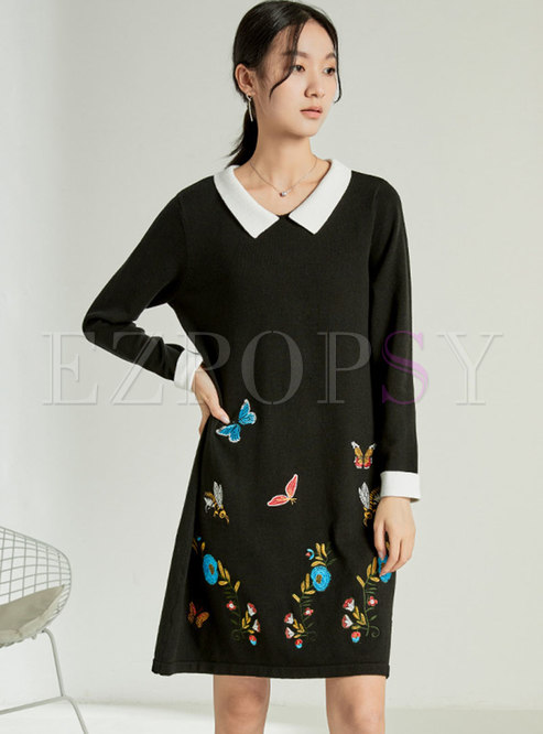 Long Sleeve Embroidered Shift Short Sweater Dress
