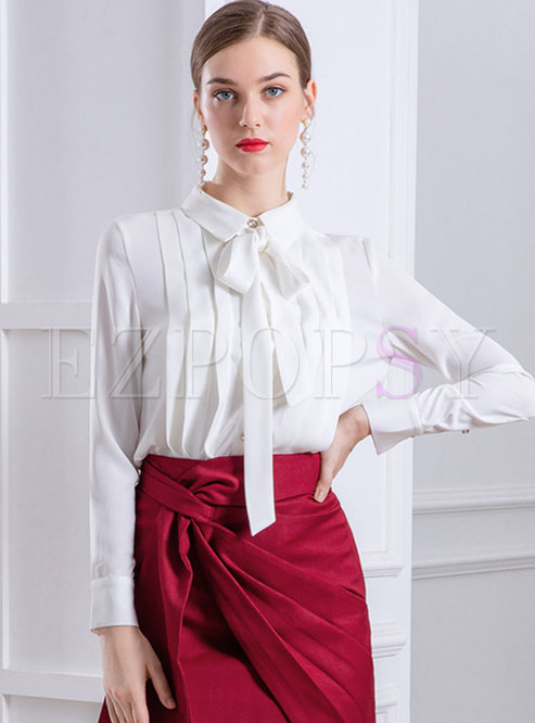 White Bowknot Single-breasted Pleated Blouse