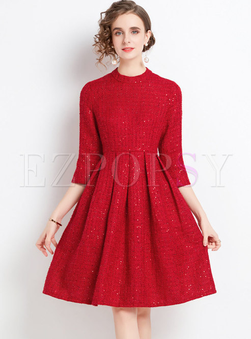Red Sequin High Waisted Tweed Cocktail Dress