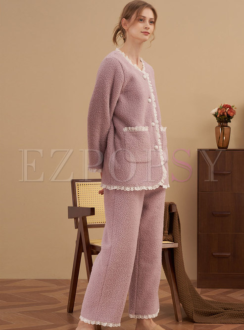 Pink Lace Pacthwork Fleece Long Sleeve Pajama Set