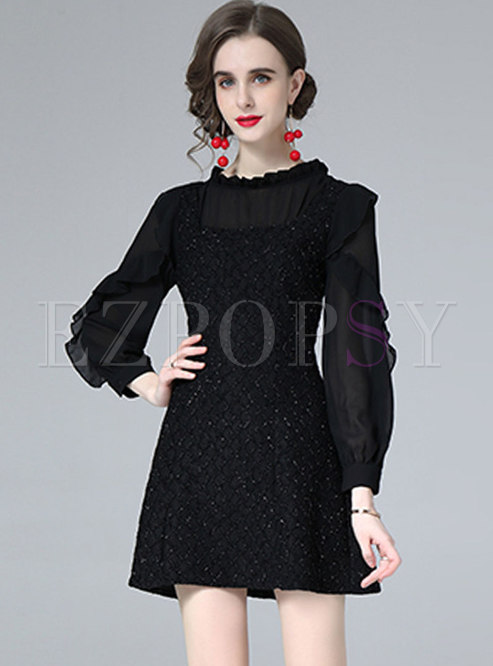 Ruffle Long Sleeve Patchwork Mini Black Dress