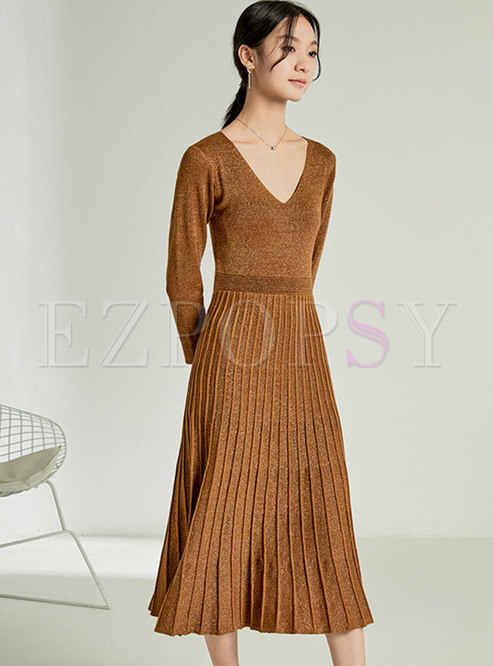 Solid Long Sleeve Pleated Midi Sweater Dress