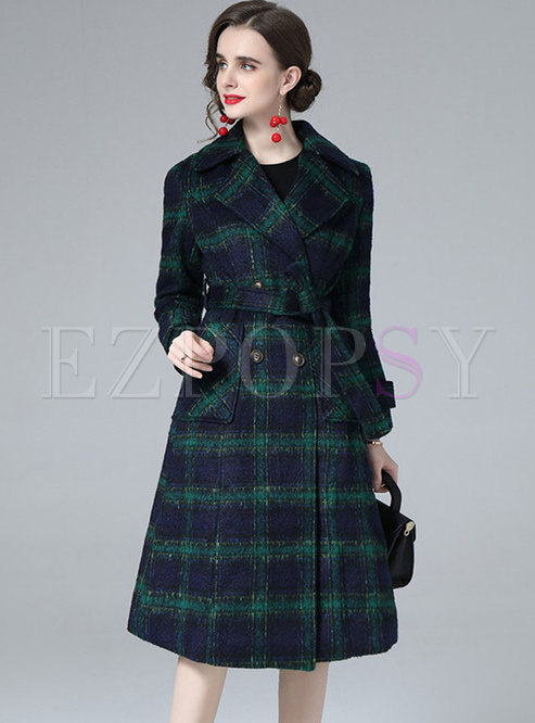Plaid Double-breasted A Line Long Peacoat