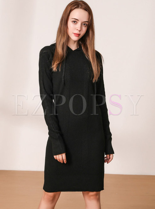 Black Hooded Sheath Knee-length Sweater Dress