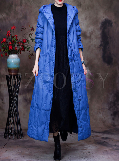 Retro Hooded Solid Straight Long Down Coat
