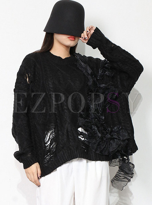 Long Sleeve Openwork Lace Pullover Loose Sweater