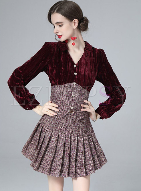 V-neck Long Sleeve Velvet Blouse & Mini Pleated Skirt