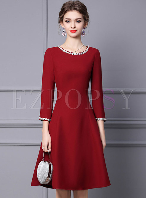 Red Long Sleeve Pearl A Line Cocktail Dress