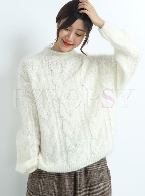  Crew Neck Loose Mohair Pullover Sweater