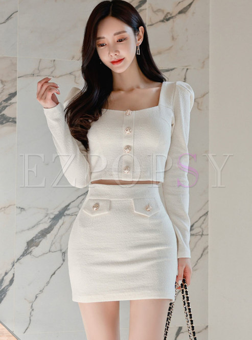 Square Neck Long Sleeve Mini Bodycon Skirt Suits