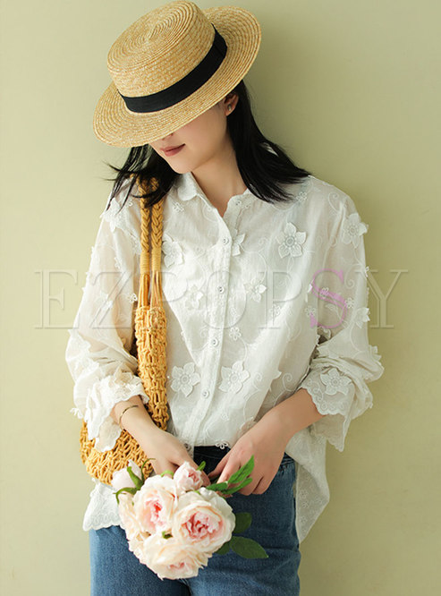 White Embroidered Single-breasted Openwork Blouse