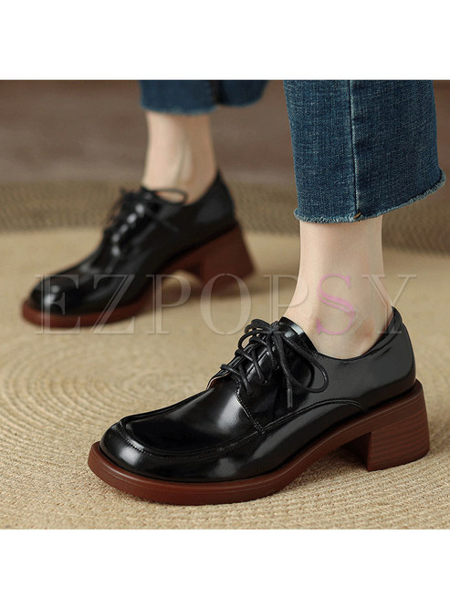 Rounded Toe Chunky Heel Patent Leather Shoes