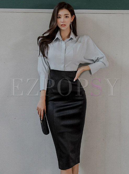 Long Sleeve Brief Shirt & High Waisted Sheath PU Skirt