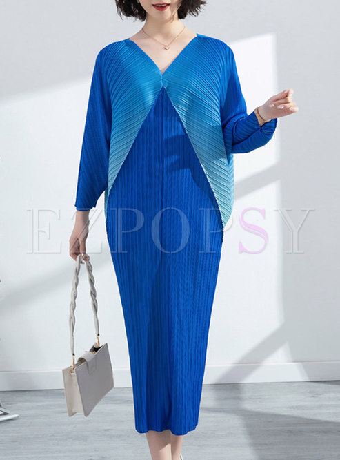 V-neck Long Sleeve Plus Size Pleated Midi Dress