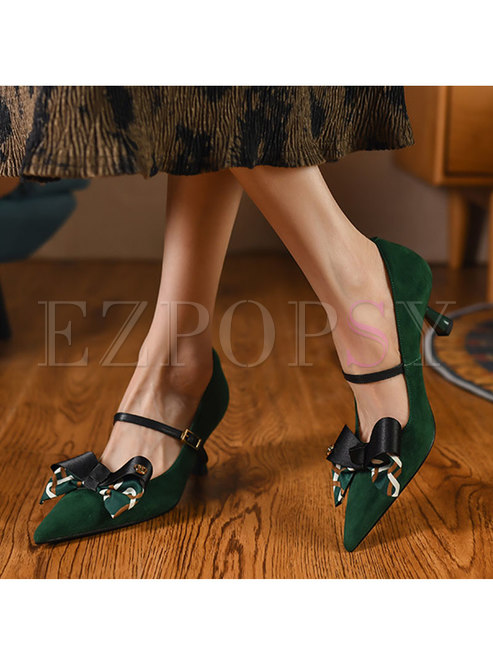 Pointed Toe Print Bowknot Buckle Pumps