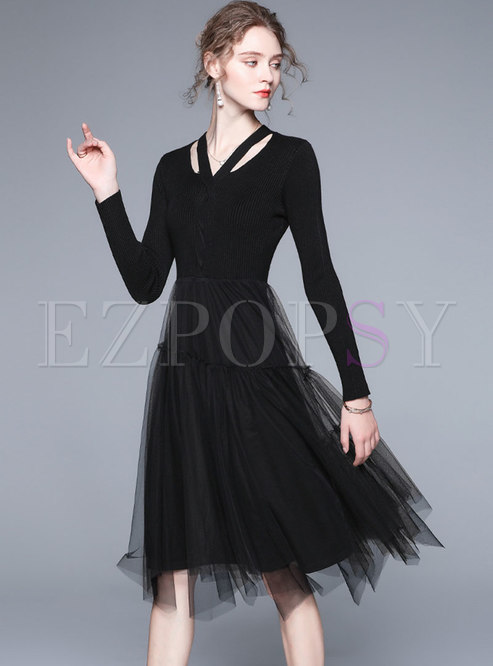 Black V-neck Knit Patchwork Mesh Asymmetric Midi Dress