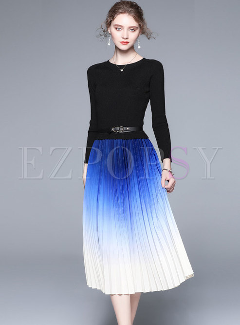 Crew Neck Knit Patchwork Color-blocked Pleated Dress
