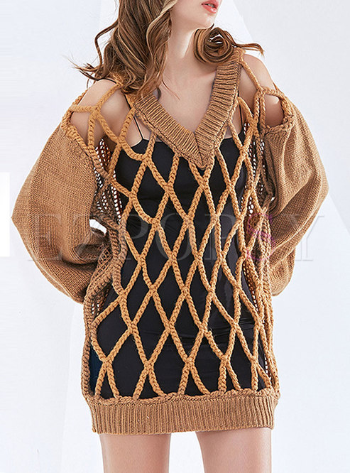 V-neck Openwork Pullover Long Sleeve Sweater
